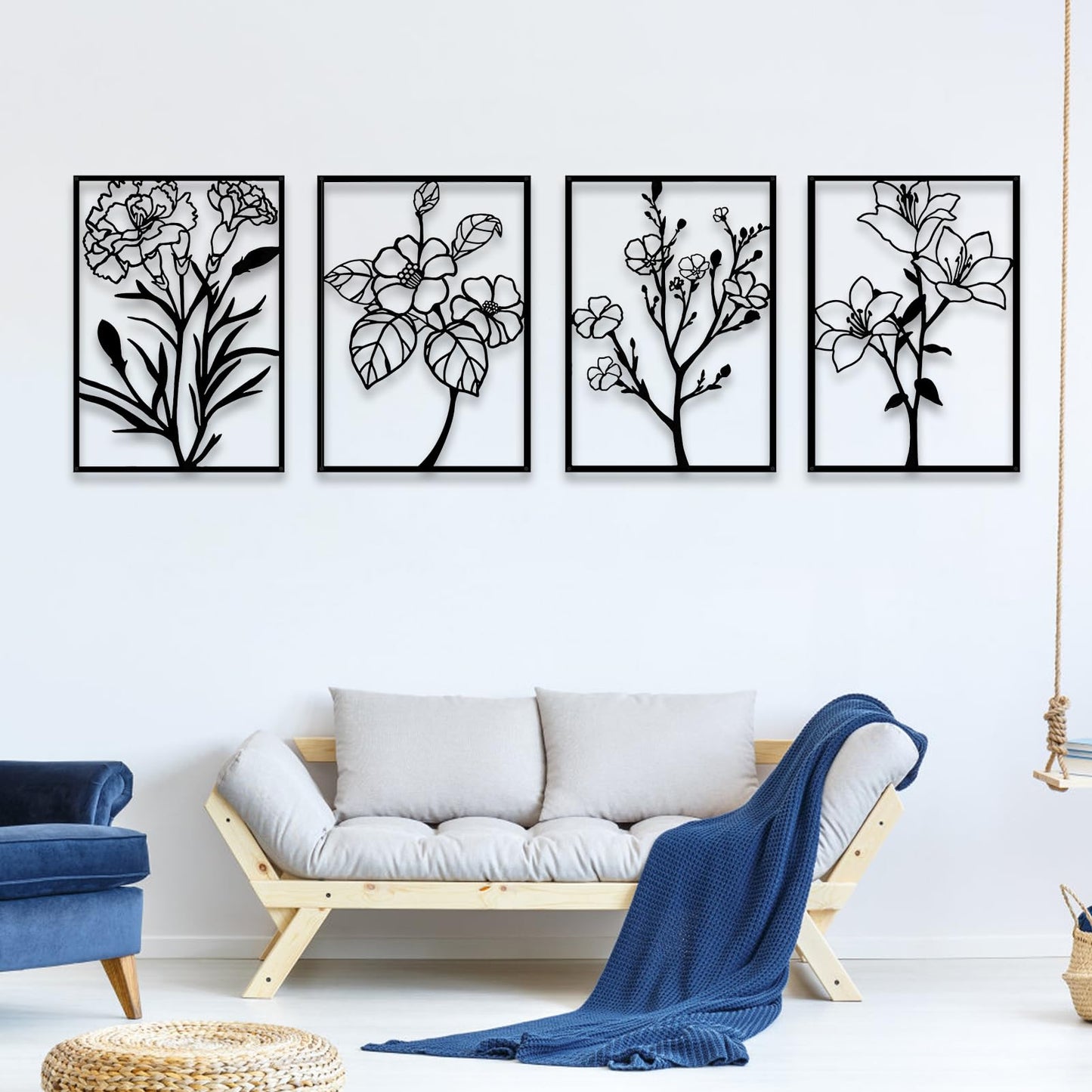 ZNZAPO 4 Pcs Black Metal Flower Wall Art, Abstract Line Art Wall Decor, Minimalist Floral Wall Hanging Art, 3d Wall Art Sculptures Decor for Living Room Bedroom Bathroom (11 × 15.7”)