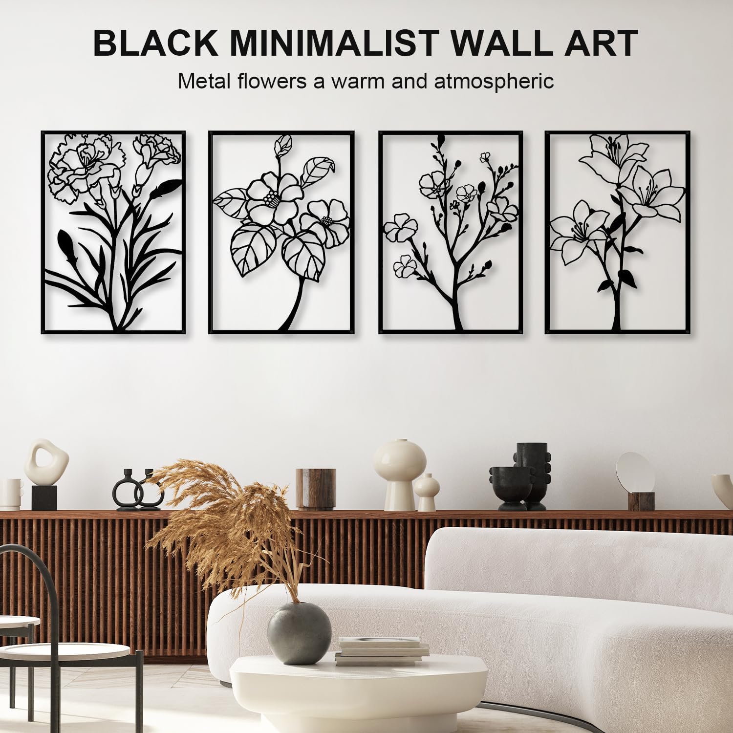 ZNZAPO 4 Pcs Black Metal Flower Wall Art, Abstract Line Art Wall Decor, Minimalist Floral Wall Hanging Art, 3d Wall Art Sculptures Decor for Living Room Bedroom Bathroom (11 × 15.7”)