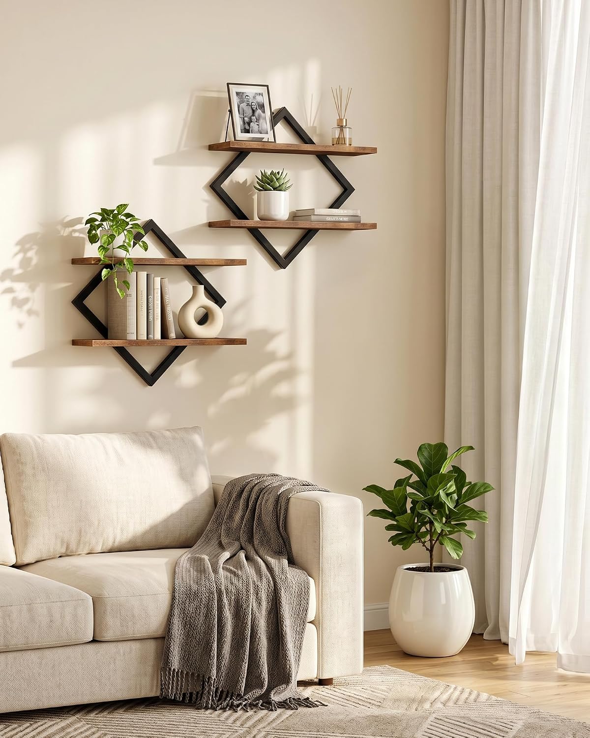 CHOEZON Floating Shelves, Set of 2 Wall Shelves, 2-Tier Hanging Shelves, Wall Shelf Set of 2, Wall Mounted Shelves, for Living Room, Bedroom, Kitchen, Office, Study, Rustic Brown TBJ01P2BF