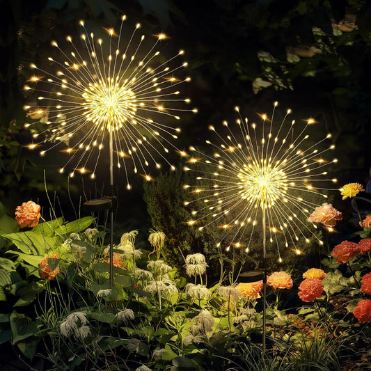 GIGALUMI Garden Decor Outdoor Lights 120LED 2Pack, Solar Garden Lights Outside Fairy Firework Decorative,Solar Powered for Yard Pathway Flowerbed Planter Balcony, Gifts for mom(Warm White