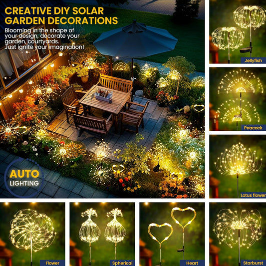 GIGALUMI Garden Decor Outdoor Lights 120LED 2Pack, Solar Garden Lights Outside Fairy Firework Decorative,Solar Powered for Yard Pathway Flowerbed Planter Balcony, Gifts for mom(Warm White
